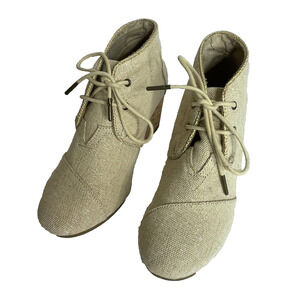 Toms Kala Size 8 Burlap Wedge Heel Bootie Lace Up Ankle Boots Beige Shoes